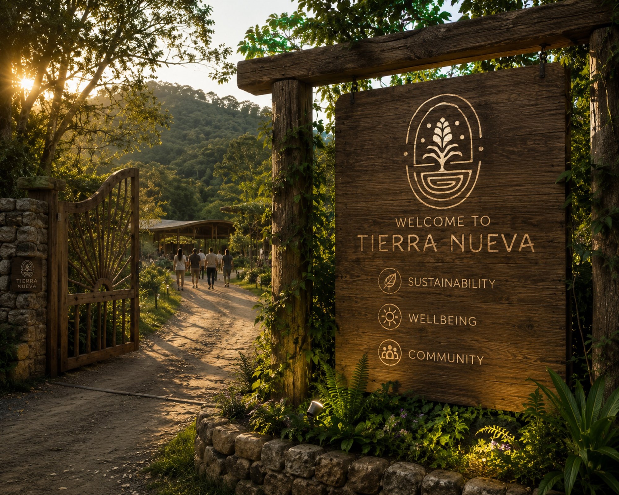 Portón de bienvenida a Tierra Nueva al atardecer — el destino toma forma