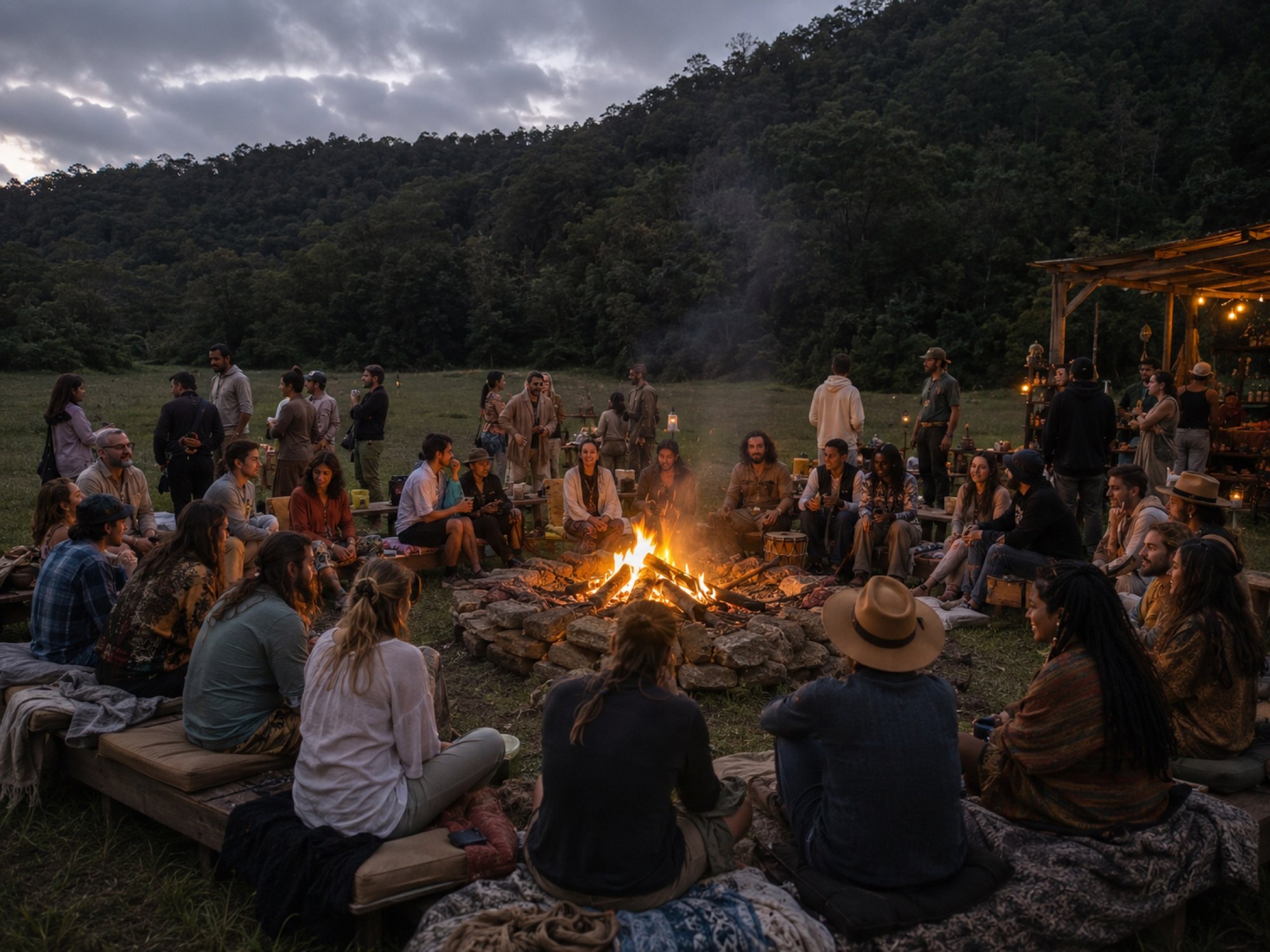 Comunidad reunida alrededor del fuego al atardecer — empezar de nuevo en Tierra Nueva