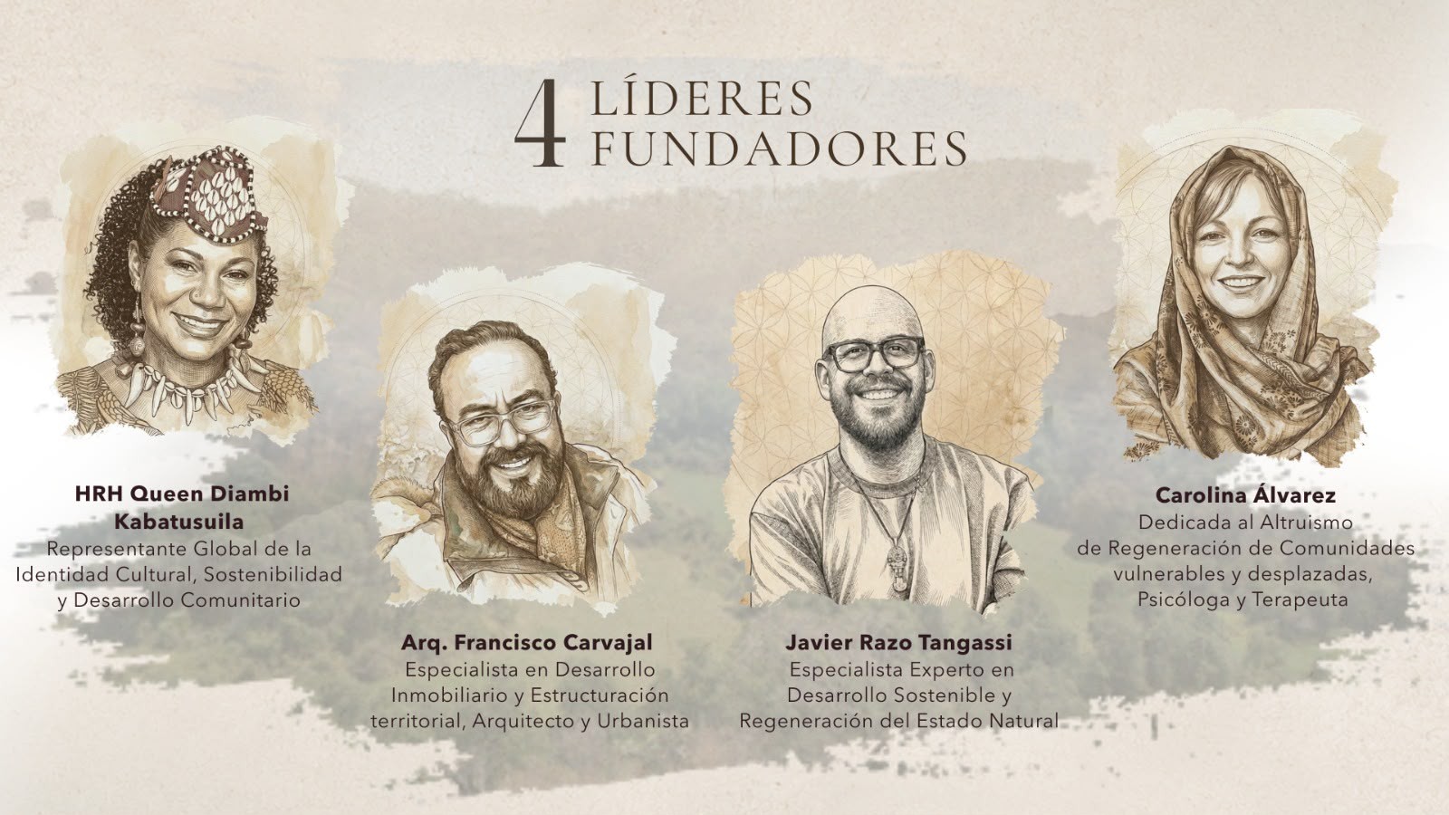 Los cuatro líderes fundadores de Tierra Nueva: HRH Queen Diambi Kabatusuila, Arq. Francisco Carvajal, Javier Razo Tangassi y Carolina Álvarez, con sus áreas de liderazgo